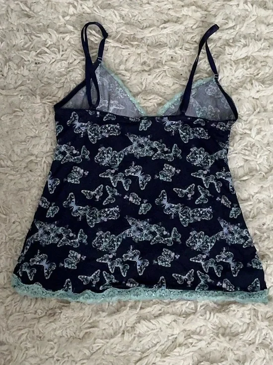Y2K Navy Blue Lace Trim Butterfly Cami Top - Picture 2 of 4